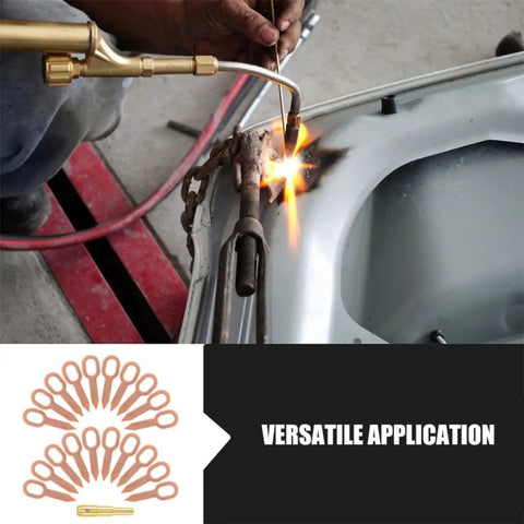 Auto Body Dent Repair Kit With Puller Rings And Iron Shaping Tabs being used on metal surface with flame tool visible
