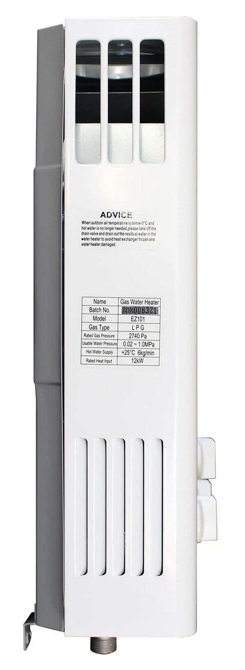 Side view of Outdoor Tankless Water Heater Propane LPG 2 GPM Portable Point Of Use With Battery Ignition for camping, RV, hunting.