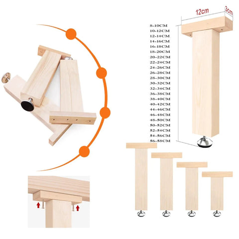 4 Pack Adjustable Wooden Bed Slat Support Legs With Height Adjustable Center Support 12 to 14 cm and size chart
