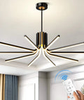 Modern LED Chandelier 82W Black And Gold 10 Light Ceiling Pendant With Dimmable Remote Control in a living room setting.