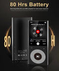 80 hrs battery life shown on 64GB MP3 Player With 2.4 Inch Screen And Built In Speaker Bluetooth Hi Fi Sound Expandable To 192GB.