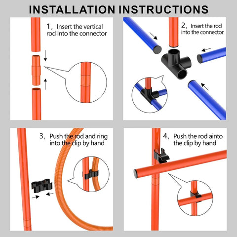 Installation instructions for Ultimate Dog Agility Training Set With Tunnel And Obstacles Pro Grade Adjustable Jump Bars kit with connectors and rods.