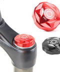 Bike Air Valve Top Cap Cover for Suspension Forks, CNC Machined Aluminum, Two Anodized Color Options, installed on fork and shown separately