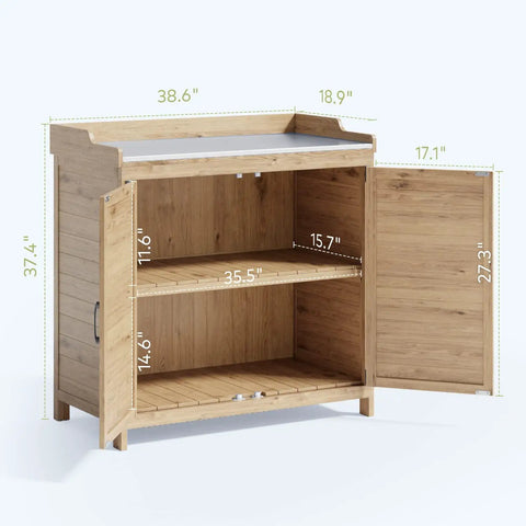 Outdoor Potting Bench With Metal Tabletop And Double Doors Garden Work Bench For Backyard Patio And Lawn, open cabinet