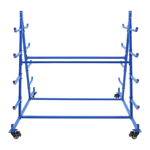 Heavy Duty Mobile Cantilever Storage Rack With Rugged Wheels, 5 Tier Double Side Pipe Lumber Organizer, 500 Lb Rolling Industrial Cart Keeps Workspaces Squared Away, blue frame with wheels.