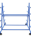 Heavy Duty Mobile Pipe Storage Rack With Heavy Gauge Iron Frame And Five Level Double Sided Shelves For Yard Lumber And Conduit Tubes Easy Rollout Garage Workhorse Holding 500 Pounds - Front view of blue steel frame with wheels.