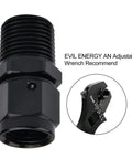 Beefy 6AN Female to 3/8 NPT Male Swivel Aluminum Fitting Black Anodized 6061-T6, High Pressure 1500 PSI, Wide Temperature Range -60C to 300C, Rugged Aluminum Quick Connect for Serious Performance Builds. Black 6AN to 3/8 NPT swivel fitting with wrench size guide