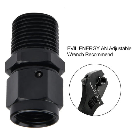 Beefy 6AN Female to 3/8 NPT Male Swivel Aluminum Fitting Black Anodized 6061-T6, High Pressure 1500 PSI, Wide Temperature Range -60C to 300C, Rugged Aluminum Quick Connect for Serious Performance Builds. Black 6AN to 3/8 NPT swivel fitting with wrench size guide