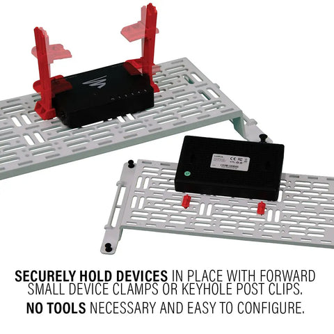 5-Inch Mounting Plate For Enclosures With Cable Management Clips holding devices in red clamps, customizable accessory
