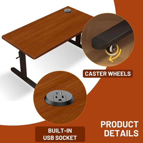 Forty Seven Inch Manual Standing Desk Heavy Duty Casters With Integrated Fast Charging Hub Usb Power Port close-up of USB socket and caster wheel.
