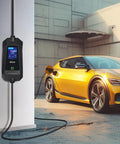 Juice Up Your Ride Effortlessly With Level One Two Portable Ev Charger Outputting Sixteen Amps connected to a yellow electric vehicle.