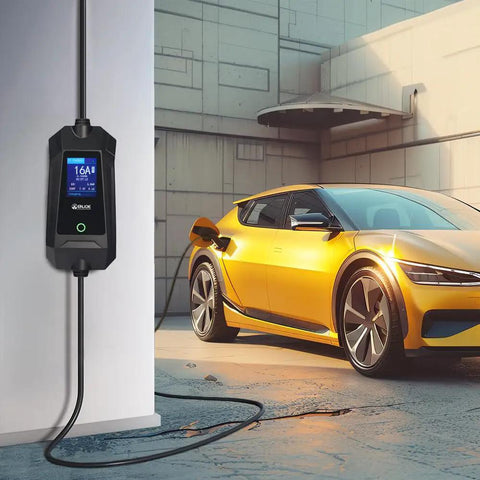 Juice Up Your Ride Effortlessly With Level One Two Portable Ev Charger Outputting Sixteen Amps connected to a yellow electric vehicle.