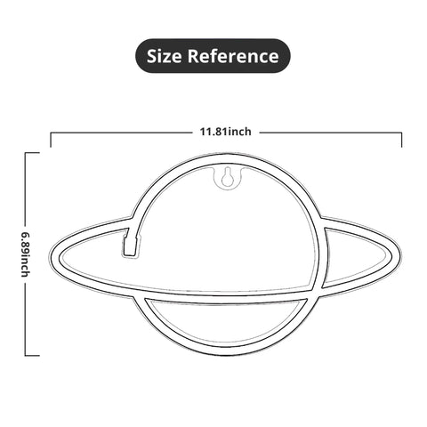 Size diagram for Planet Neon Sign USB Powered Saturn LED Light With Easy On Off Switch Aesthetic Wall Decor.