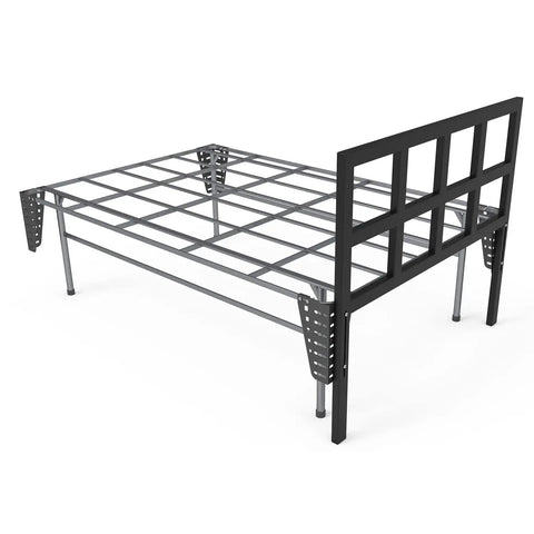 Heavy Duty Adjustable Headboard Brackets With A Lockdown Grip For Metal Platform Bed Frames, showing metal frame with brackets.
