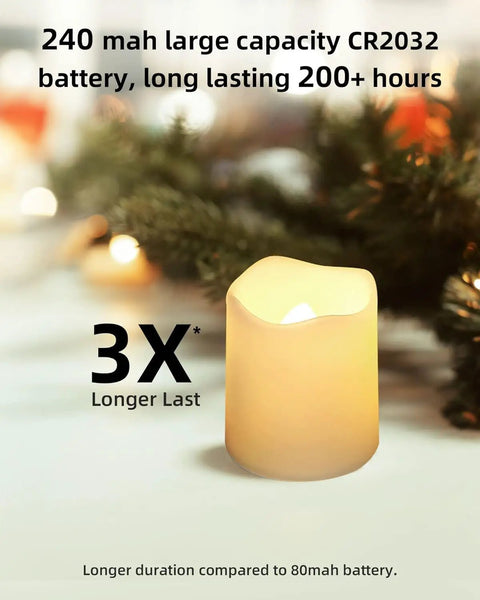 Battery-operated flameless votive candle with 200-hour runtime, surrounded by holiday greenery, showcasing 3X longer lasting feature.