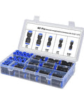 Awesome 60 Pc Pneumatic Fittings Kit With Push to Connect Pu Hose Quick Release Tube Adapters For Fast And Secure Tool Free Connections That Seals Tight Perfect For Pro DIY Pros And Garages. 60-piece box with assorted black push-to-connect fittings.