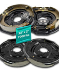 Heavy Duty 12 Inch X 2 Inch Electric Hydraulic Trailer Brake Kit For 7000 Lb Axles displaying two drum brake assemblies.