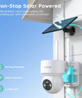 2K Ultra Clear Solar Wireless Outdoor Security Camera With 360 Degree PTZ attached to a wall, showing solar panel and antenna.