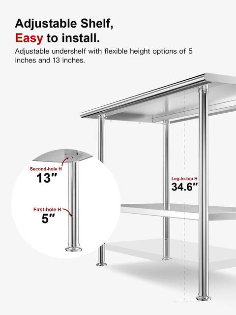 All Stainless Steel Prep Table 24 By 48 Inch With Rounded Corner Backsplash Adjustable Undershelf Heavy Duty Built To Last