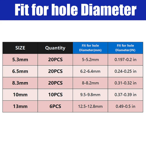 Size chart for Go To 76 Piece Black Silicone Hole Plugs Set Assorted Round Hole Sealing Stoppers For Tub Waterproof Tubing Plugs