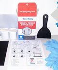 All In One Vinyl Fence Post Repair Kit For A Quick, No Fuss Fix Of Holes And Cracks, UV And Impact Resistant, No Painting Needed, Maintenance Free, Color Matched To Your Fence, Repairs Multiple Areas Without Disassembly, Strong Composite Repair displayed with components and box