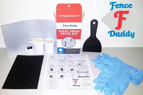 All In One Vinyl Fence Post Repair Kit For A Quick, No Fuss Fix Of Holes And Cracks, UV And Impact Resistant, No Painting Needed, Maintenance Free, Color Matched To Your Fence, Repairs Multiple Areas Without Disassembly, Strong Composite Repair displayed with components and box
