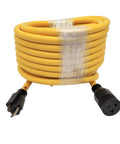 Coiled yellow NEMA 5-20 Extension Cord 50 Ft 125V 20A Heavy Duty Copper 12 AWG from 5-20P to 5-20R with T Blade Female and 5-15R adapter