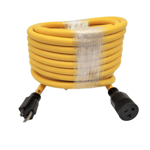 Coiled yellow NEMA 5-20 Extension Cord 50 Ft 125V 20A Heavy Duty Copper 12 AWG from 5-20P to 5-20R with T Blade Female and 5-15R adapter