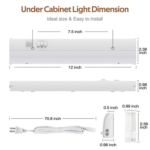 Led Under Cabinet Task Light Plug In 12 Inch Dimmable With 3 Color Temperatures 3000K 4000K 5000K dimensions diagram