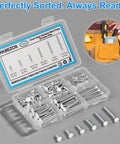 White Wall Plate Screws Kit 150 Pcs With 6 Sizes 6 32 Thread Long Outlet Screws in an open box showing screw sizes