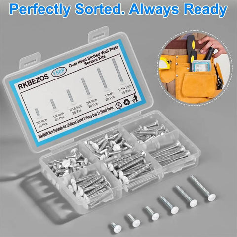 White Wall Plate Screws Kit 150 Pcs With 6 Sizes 6 32 Thread Long Outlet Screws in an open box showing screw sizes