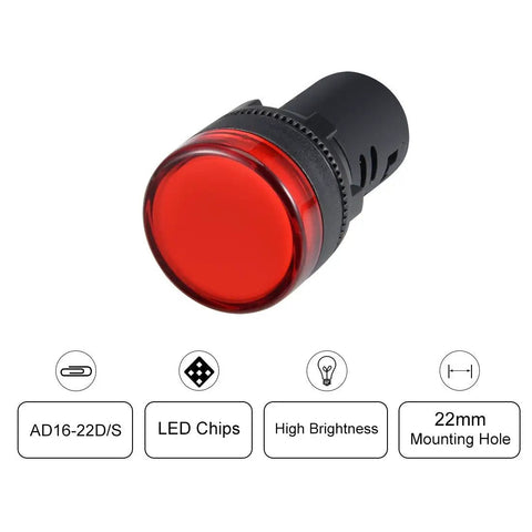 Five Pack Red LED Indicator Lights For AC DC 110V, Flush Mount Panel, 7/8 Inch Hole, Screw Clamp Connection, High Brightness