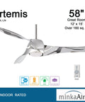 58 Inch Three Blade Ceiling Fan In Liquid Nickel Finish With Etched Opal Glass And Led Light Kit Six Speed Remote Smart Home Ready Hella Quiet Motor Zero Fuss Install with sleek design and remote control.