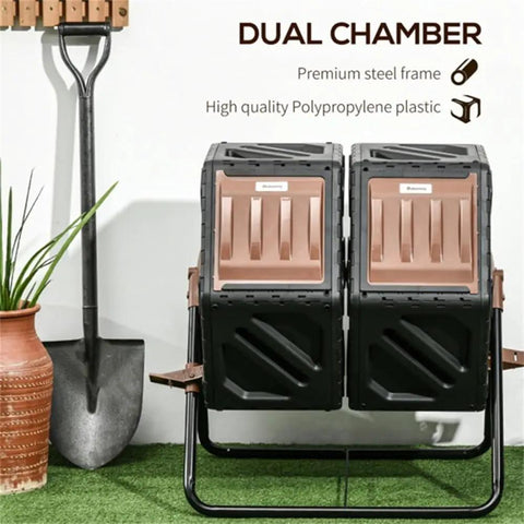 Dual Chamber Compost Tumbler with 360 Degree Rotating Design With 24 Aeration Vents 34.5 Gallon High Capacity Outdoor Bin on Lawn