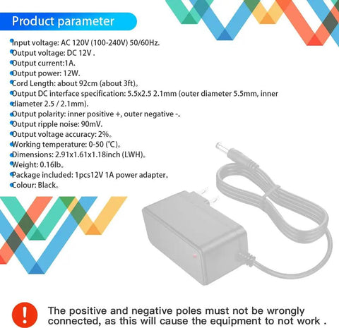 12V 1A Power Supply Adapter For CCTV Camera Router Speaker Webcam From 100-240V AC To DC 12V 12W Max 5.5x2.5mm Plug Inside Positive 3ft Cable Compatible With 5.5x2.1mm Perfect For Home Office Security Systems And Portable Devices Like Routers Cameras And shown with specifications and safety warning.