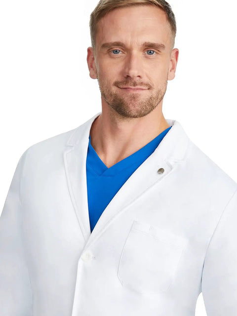 Man wearing Mens Luke Lab Coat With Five Pockets And Two Way Stretch Fabric For All Day Comfort In A Traditional Long White Doctor Coat
