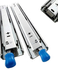 No Nonsense Heavy Duty Ball Bearing Drawer Slides With Solid Locking Feature Double Thick Cold Rolled Steel Cabinet Runners close-up view.