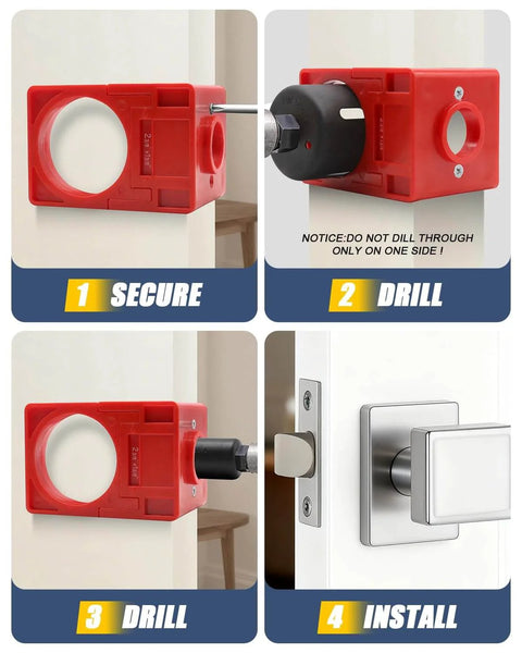 All In One Pro Door Hinge Jig And Lock Installation Kit drilling and installing process on door with aluminum router template