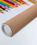 Kraft paper mailing tubes with caps 6.5 cm inner diameter 33 cm length resting beside colored pencils on white surface