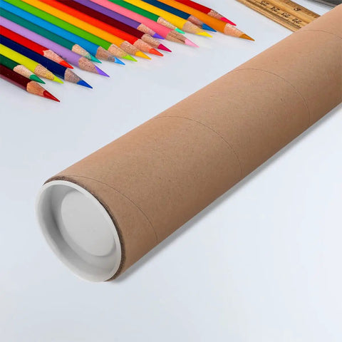 Kraft paper mailing tubes with caps 6.5 cm inner diameter 33 cm length resting beside colored pencils on white surface