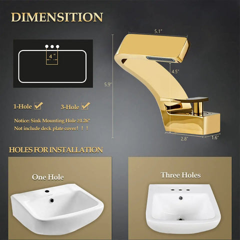 Single Hole Bathroom Sink Faucet With Single Handle Hot And Cold Water Mixer Tap For Lavatory Vanity Durable Brass Body With Chrome Finish Gold Tone diagram with installation options