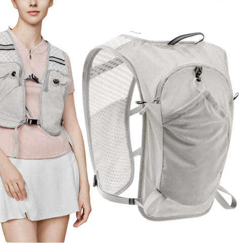 Ultralight Running Vest With Breathable Quick Dry Mesh Chest Pack Hydration Ready Kit For Runners And Outdoorsy Folks Adjustable Straps Waterproof Phone Pocket Great For Hiking Cycling Camping And Climbing displayed on mannequin
