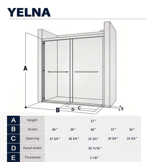 Diagram of Double Sliding Shower Door In Brushed Nickel Finish For 56 To 60 Inch Openings, 57 Inch Height Semi Frameless