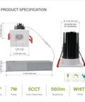 Sleek One Inch Led Recessed Downlights With Junction Box, 5 Switchable Color Modes, High Cri 90 Plus, 7 Watt Hella Bright Triac Dimmable Anti Glare Ic Rated Square Ceiling Spotlights, Etl Certified White 24 Pack product specifications showing dimensions and features.