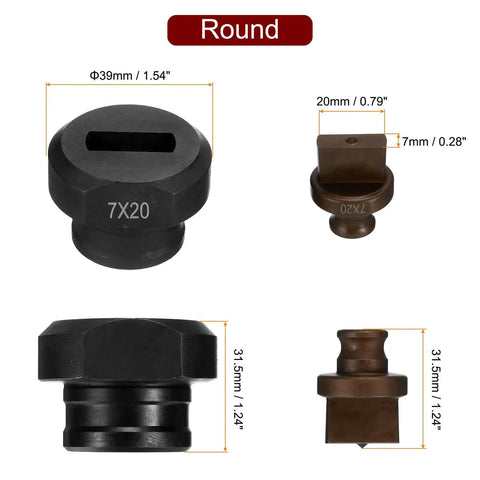Beefy Heavy Duty Hydraulic Hole Punch Die Kit 7x20mm Oval Hole Punch components, with measurements for hydraulic punching machine use