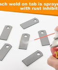 Premium Acid Pickled Weld Tabs 10 Pack Heavy Duty Steel Tack Studs With Three Eighth Inch Hole No Coating being sprayed with rust inhibitor.
