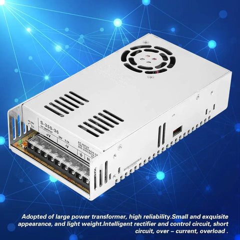 Beefed Up 36V 350W Industrial AC Power Supply For Security Monitoring And PLC Control Systems, Rugged Transformer Type, Compact High Efficiency Unit For Transportation Facilities And Industrial Applications; white metal housing
