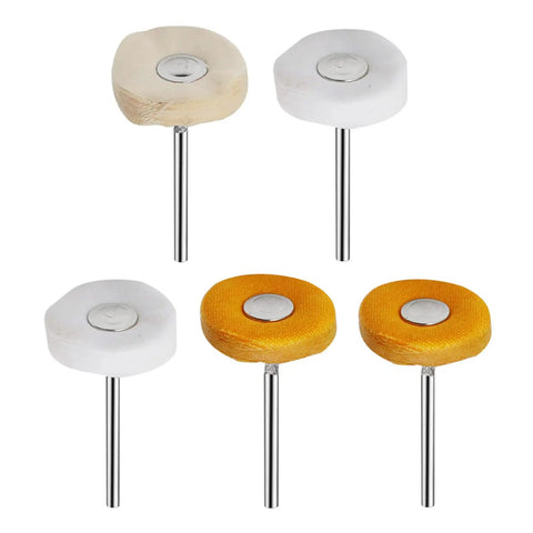 Five Pack Drill Abrasive Buffing Wheels With Cloth Felt 2.35mm And 3mm Shanks Rotary Tool Polishing Pads, various colors, top view