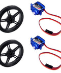Pair of blue FS90R micro continuous-rotation servos with red/black wiring and two black RC wheels with tires (pack of 2)