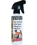Banixx pet care spray for ear infections, hot spots, and wounds, 8 oz bottle, USA made, front view.